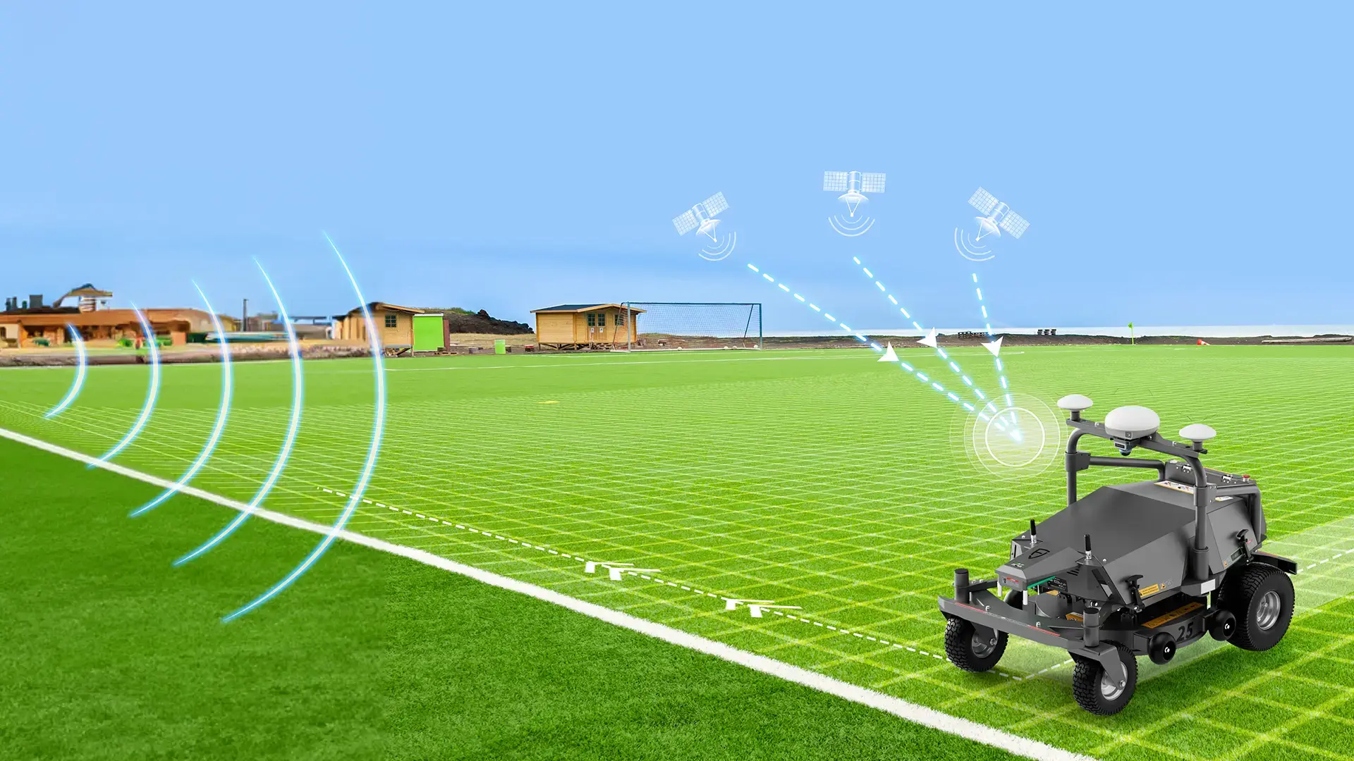 FJD RM21 autonomous mower working on turf