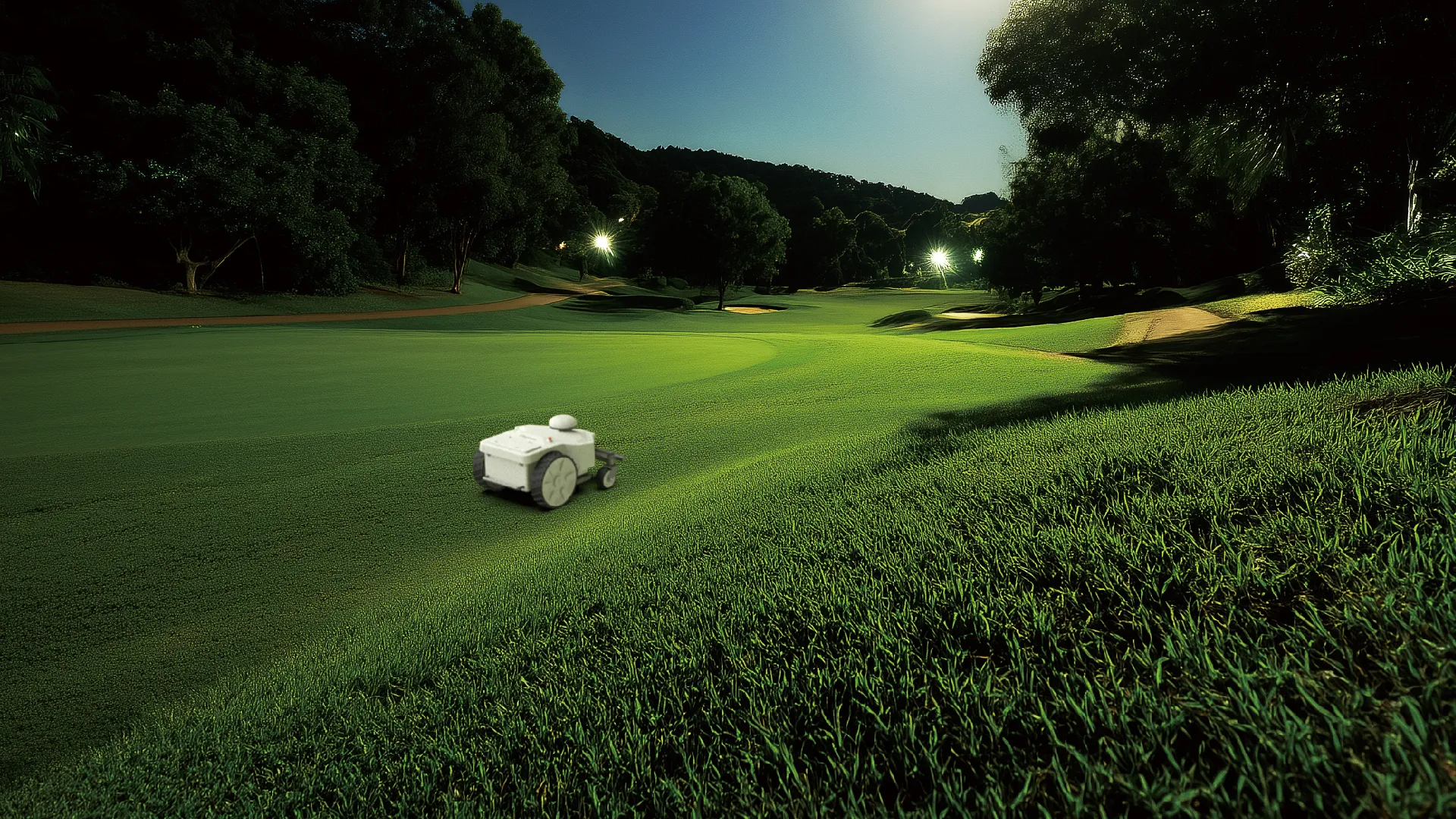 FJD Titan mowing a fairway quietly at night